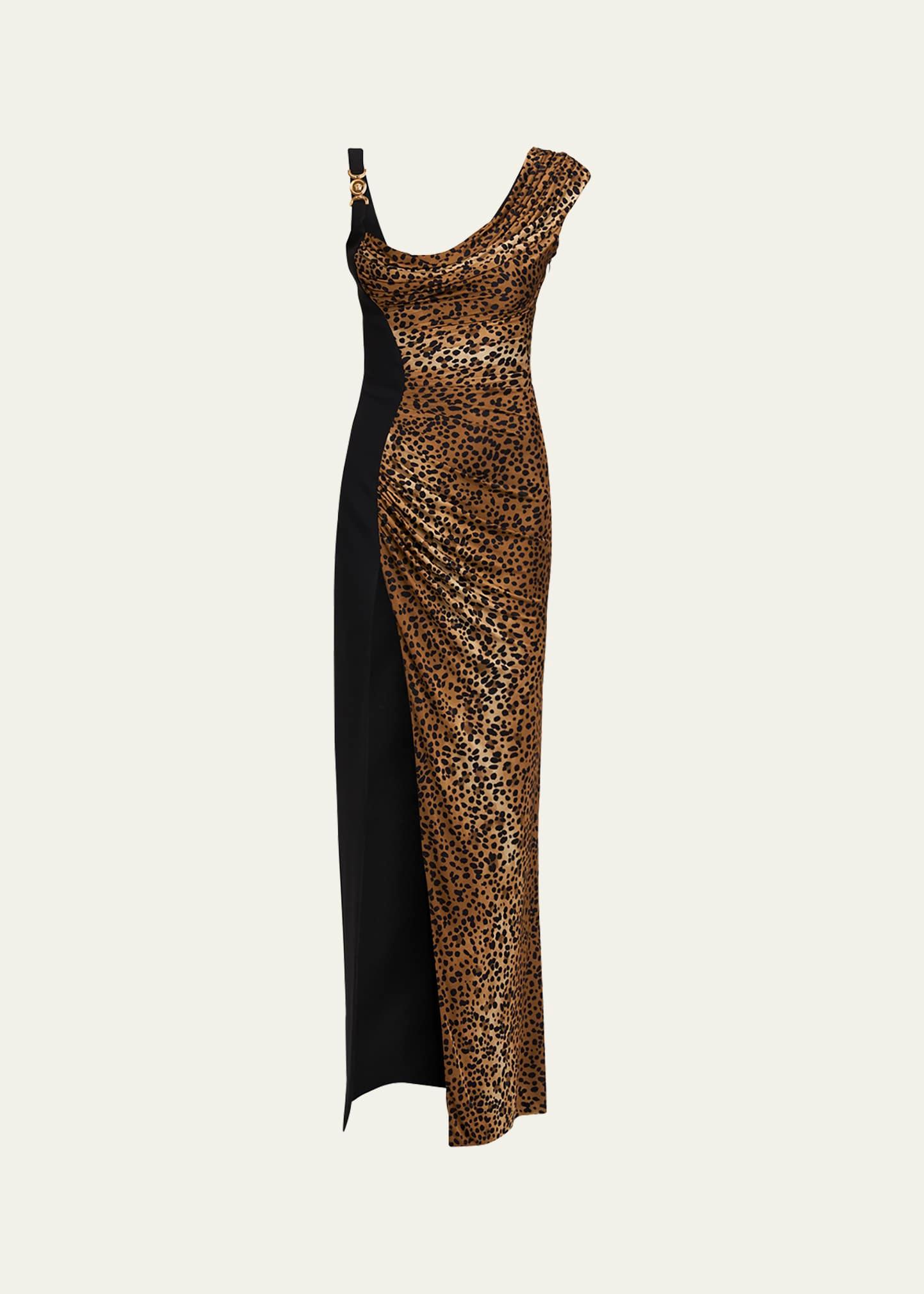leopard-print draped liquid jersey slit gown