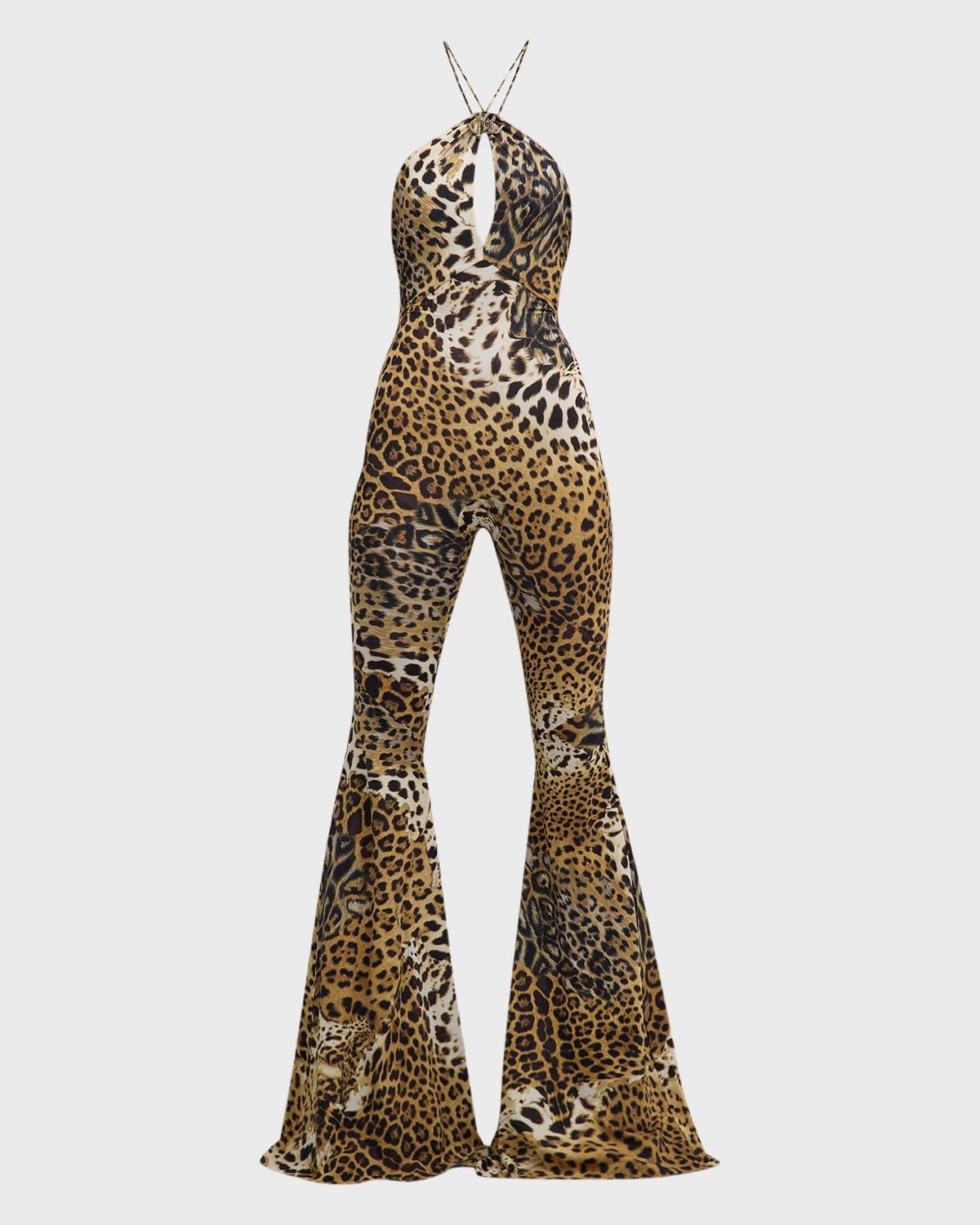 leopard-print halter flared jumpsuit