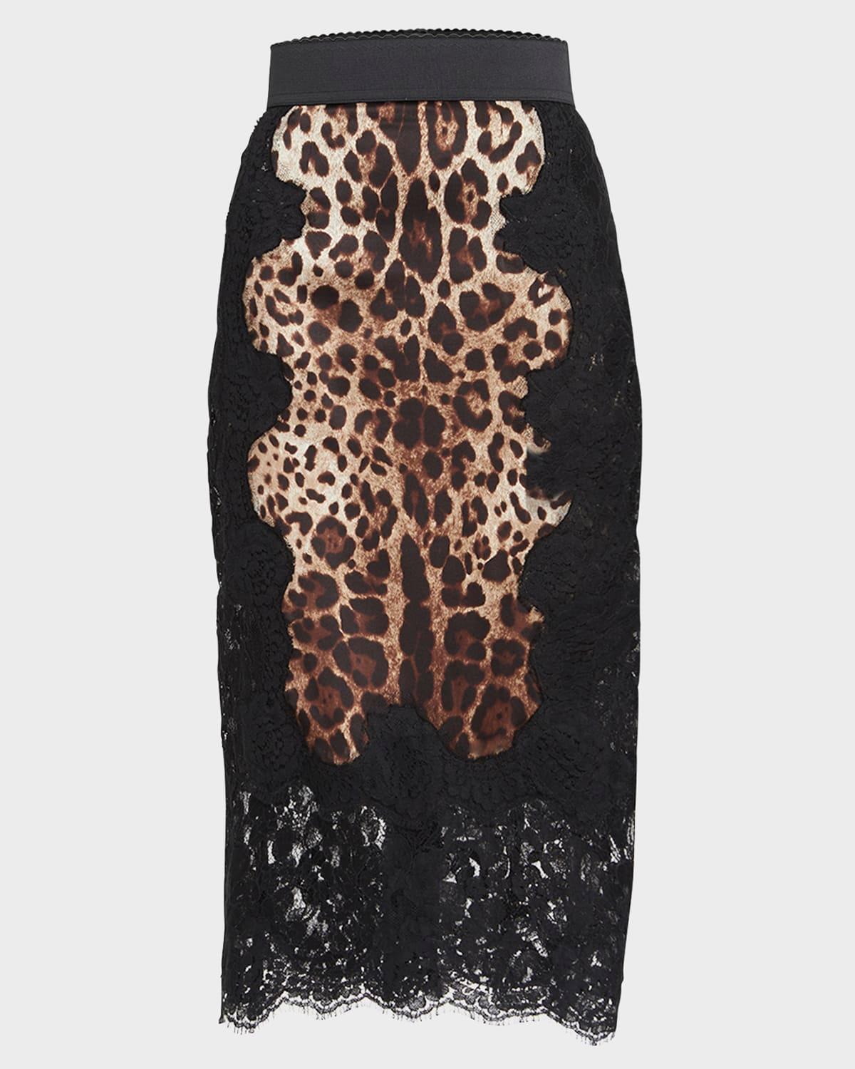 leopard-print insert lace midi skirt