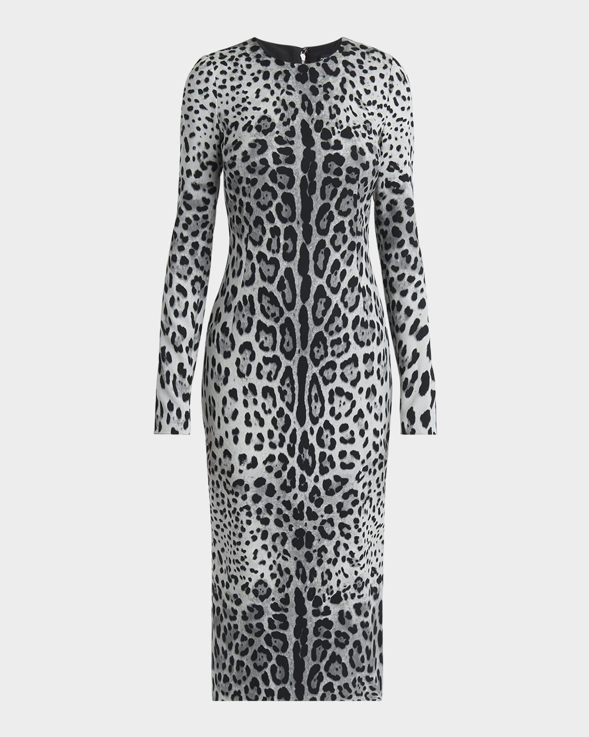leopard-print long-sleeve charmeuse midi dress