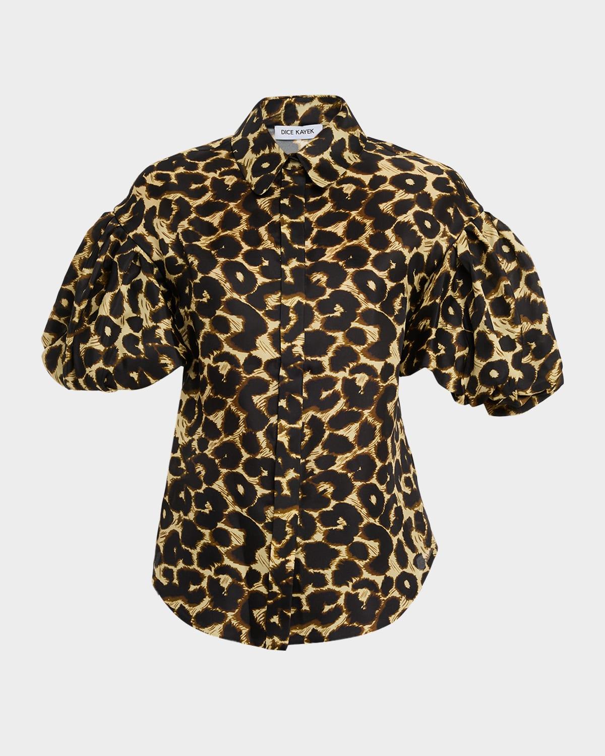 leopard-print puff-sleeve button-down shirt