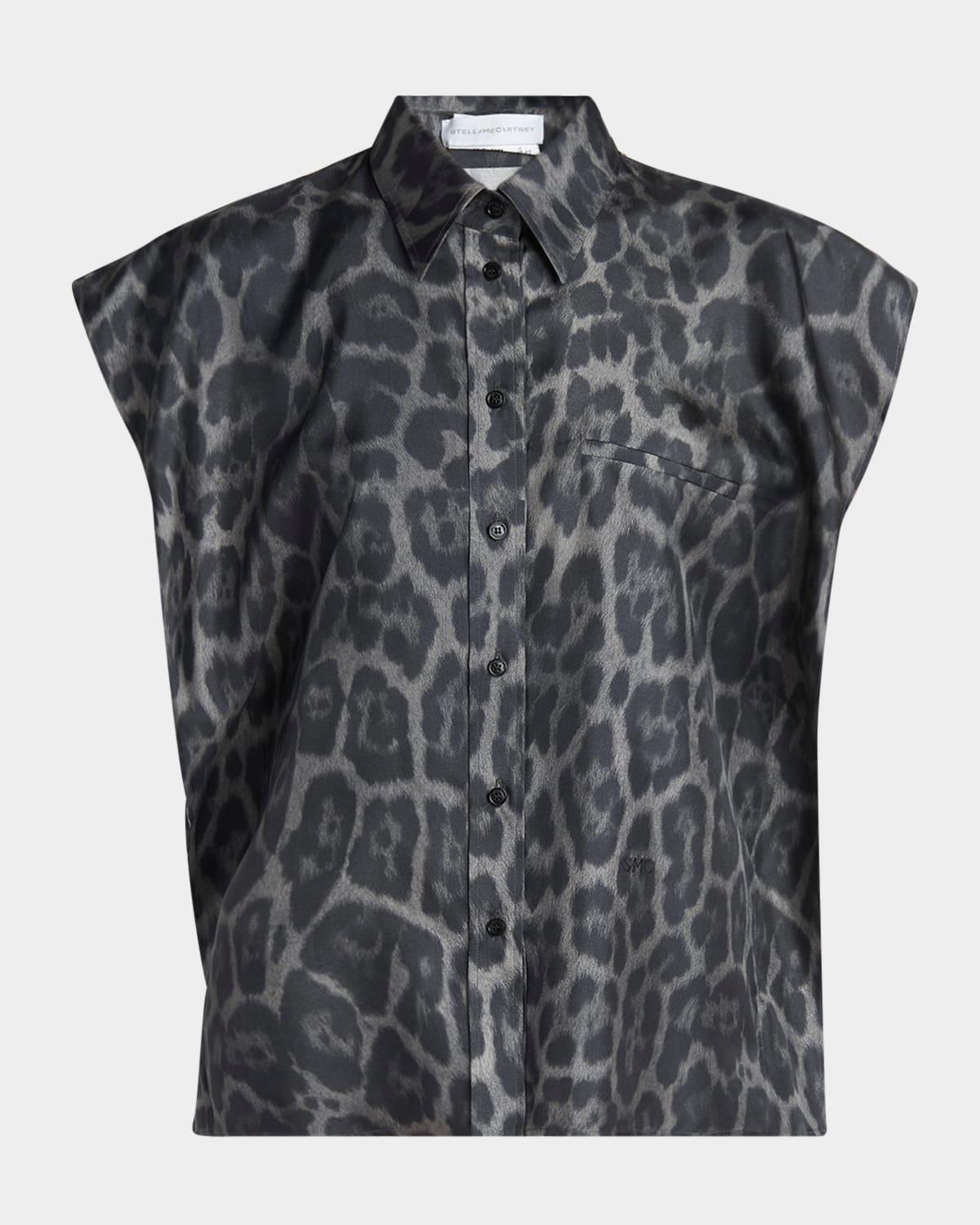 leopard-print silk cap-sleeve button-down top