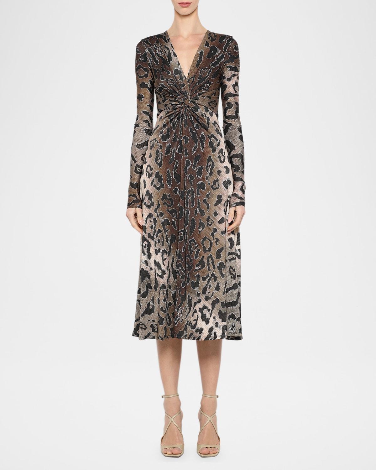 leopard-print twisted long-sleeve jersey midi dress
