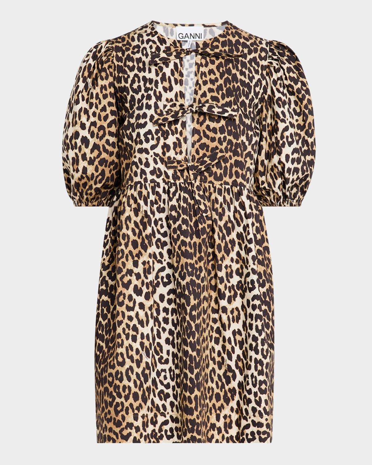 leopard tie-front puff-sleeve mini dress
