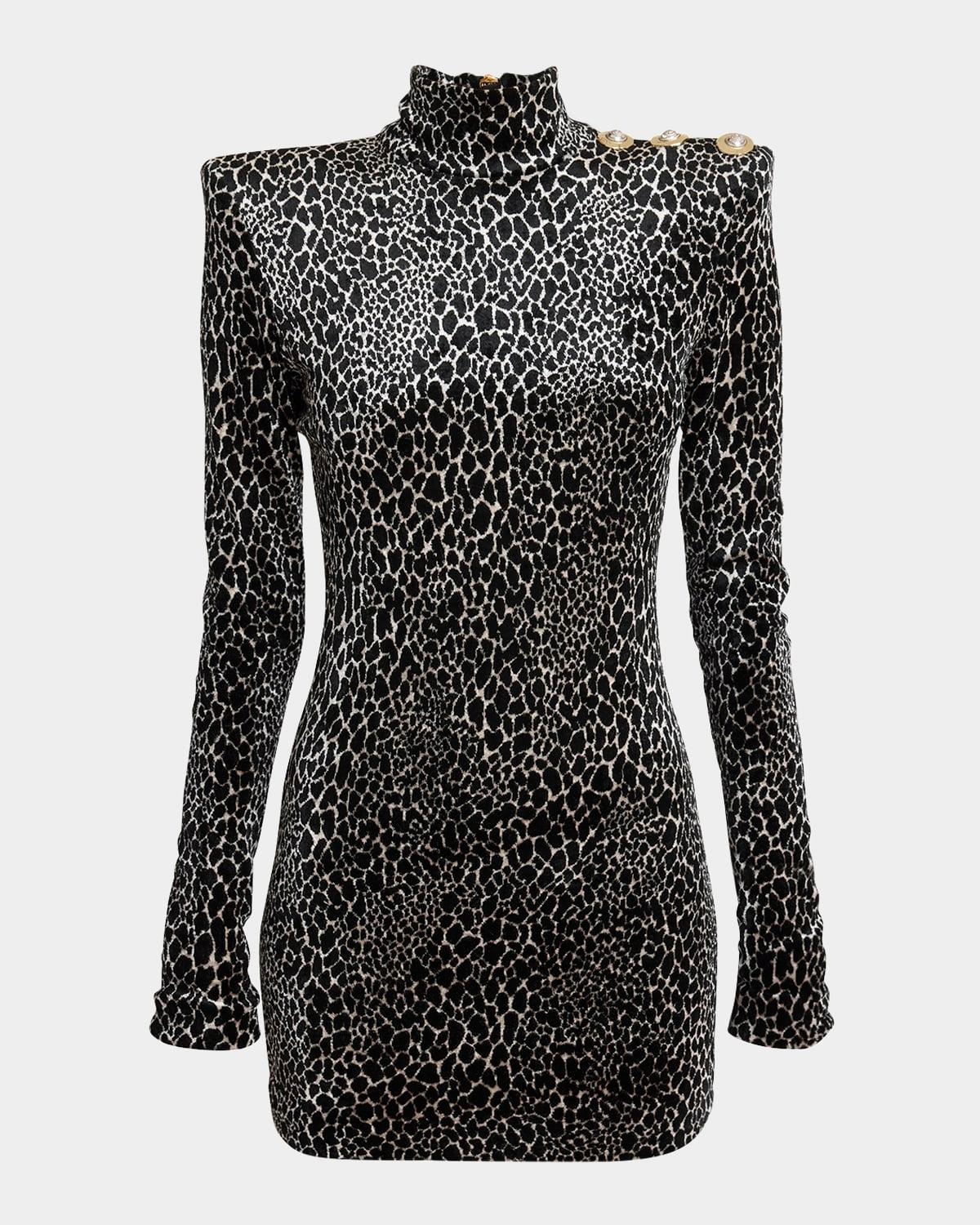 leopard velvet button strong-shoulder mini dress