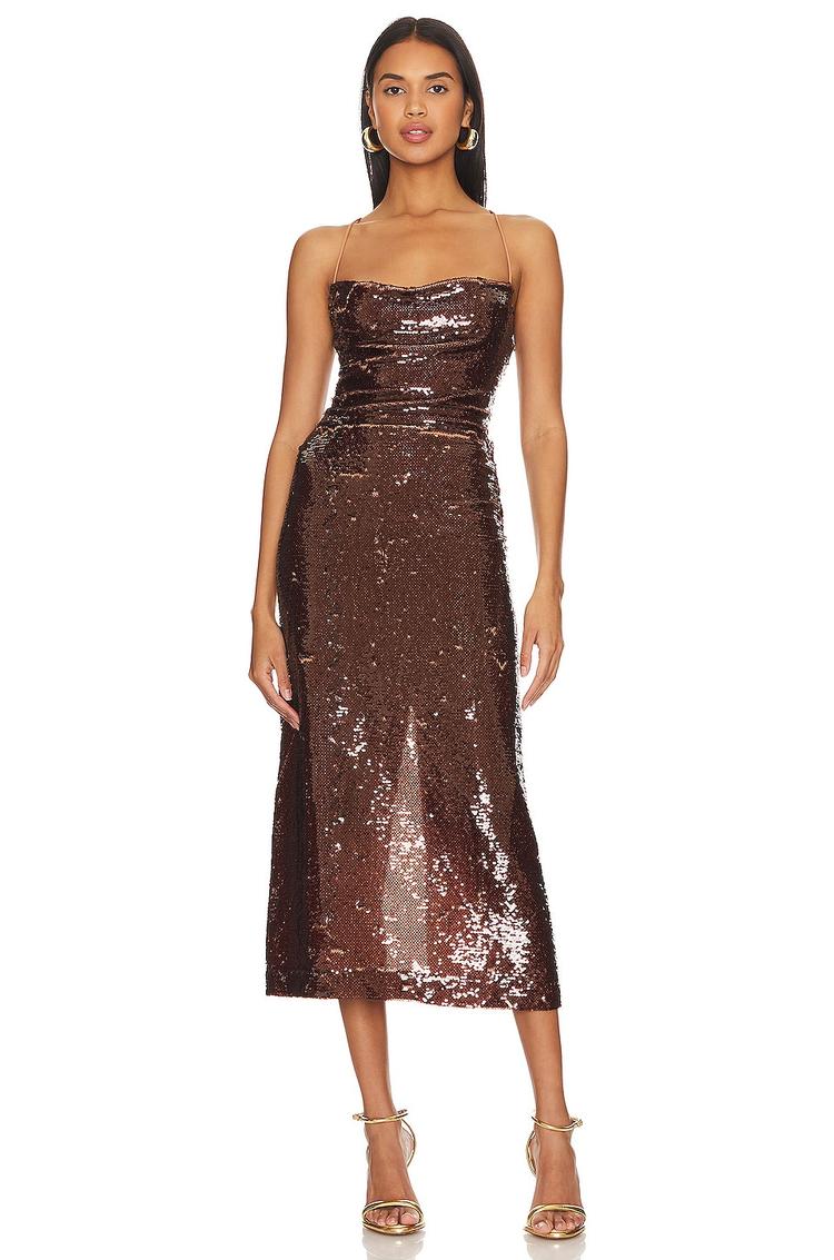 Sabina Musayev Lera Dress Sabina Musayev Lera Dress – A sequined midi dress featuring a cowl neckline, adjustable thin straps, and a lace-up back.