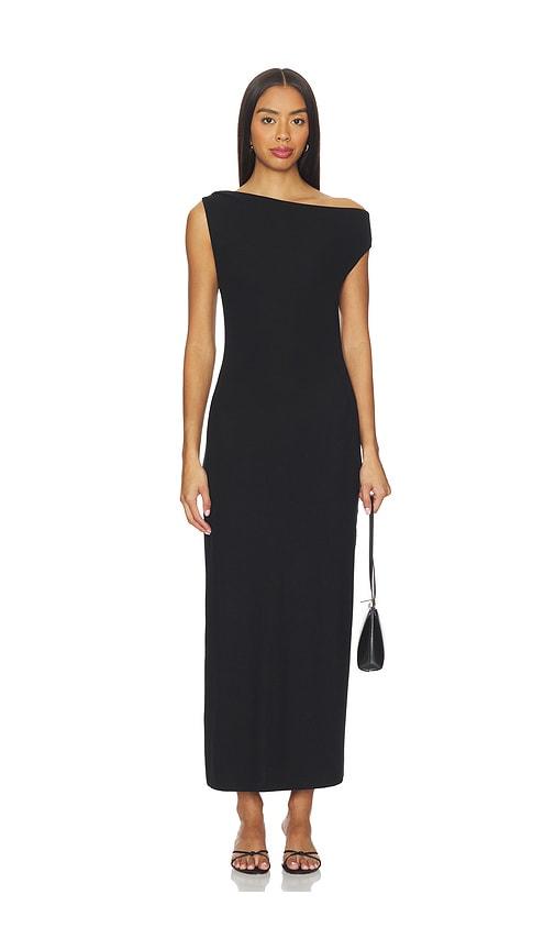 leset lauren ruched asymmetrical shoulder dress in black.