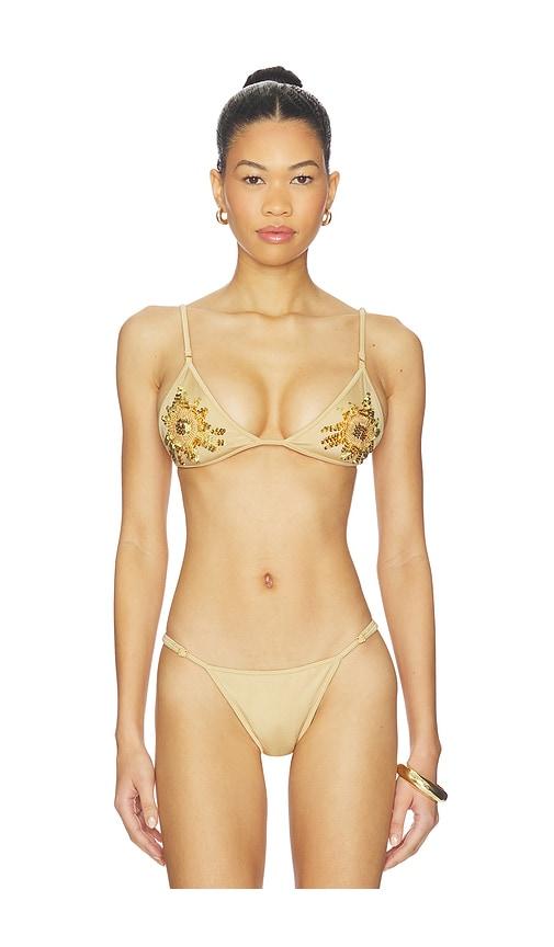 leslie amon cynthia sun bikini top in metallic gold.