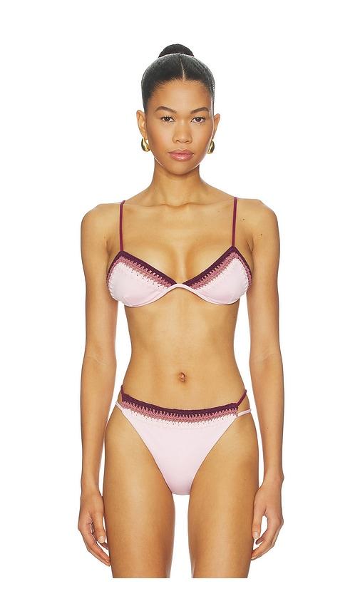 leslie amon garis trim bikini top in pink,burgundy.