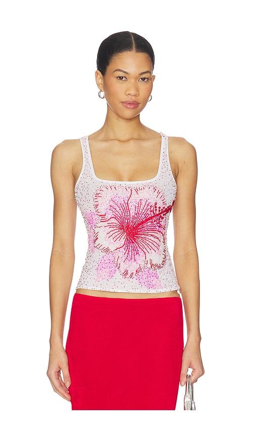 leslie amon hibiscus top in white,red.
