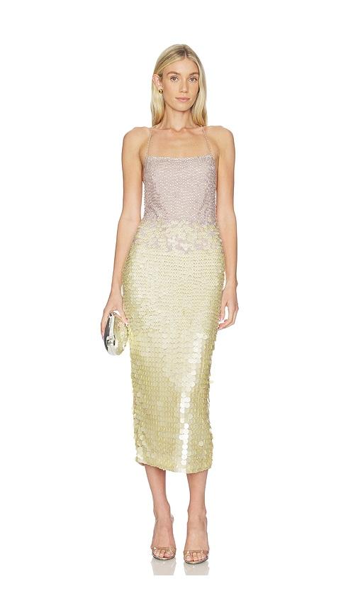 leslie amon lea dress in metallic neutral.