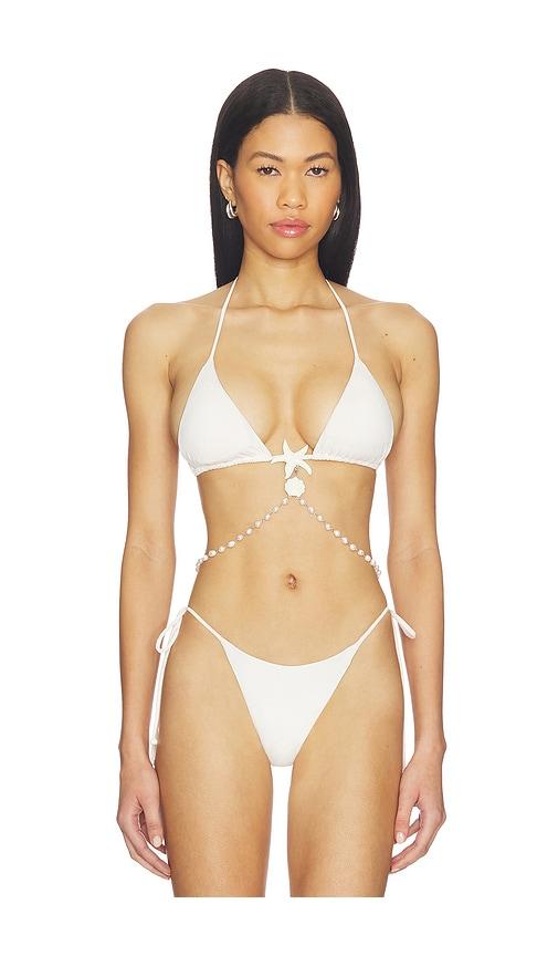 leslie amon pearl white bikini top in white.