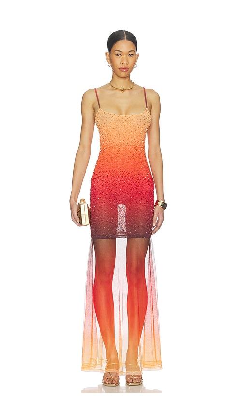 leslie amon sunset flow dress in orange,red.
