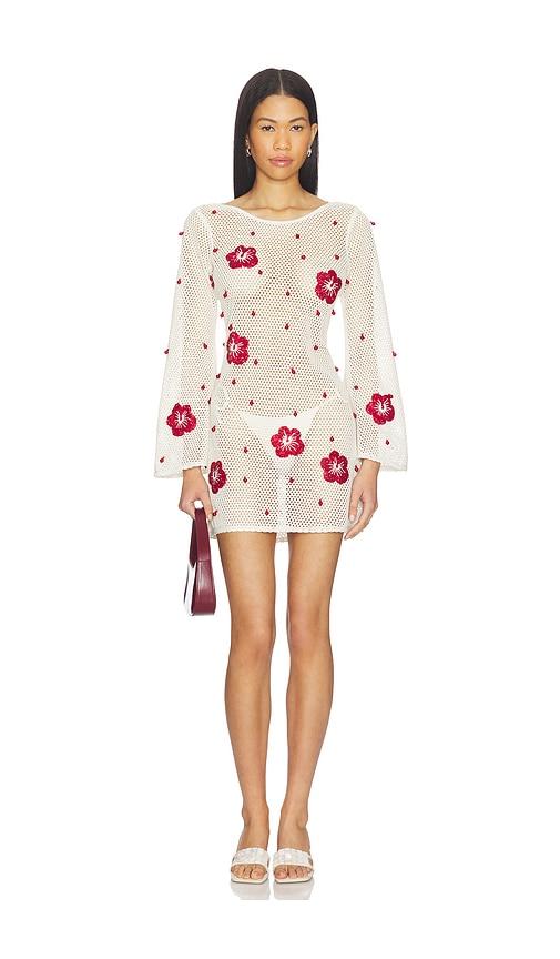leslie amon treasure hibiscus mini dress in white.