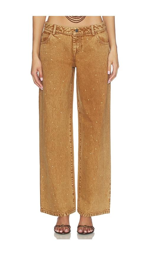 leslie amon x revolve denim rhinestone festival pants in brown.