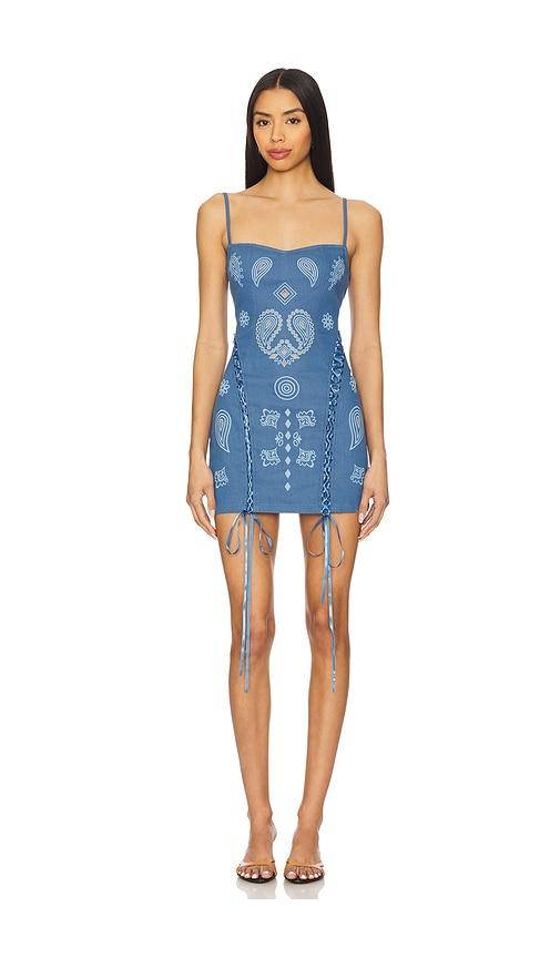 leslie amon x revolve lace up denim mini dress in blue.