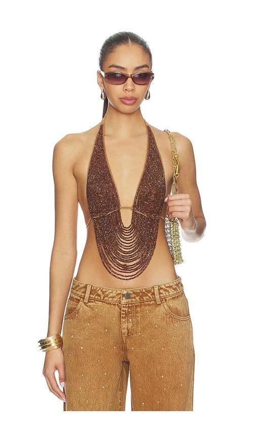 leslie amon x revolve round floating desert top in metallic bronze.