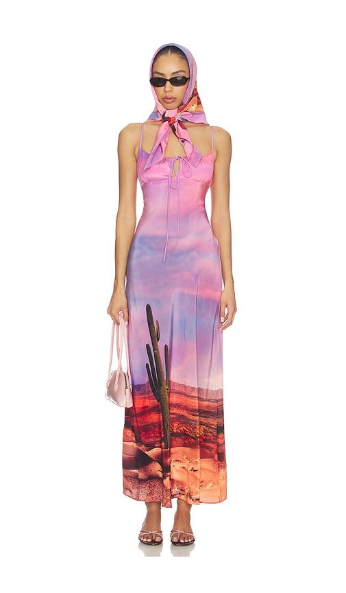 leslie amon x revolve timeless palm spring dress with head scarf in pink.