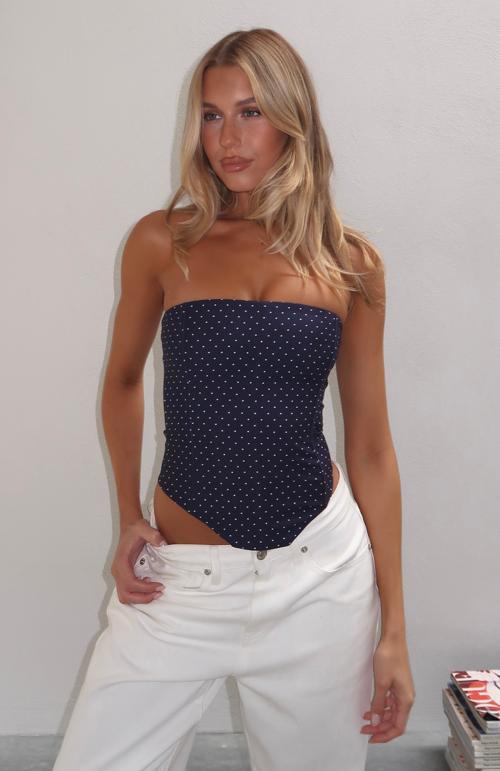 let it go strapless bustier navy polka dot