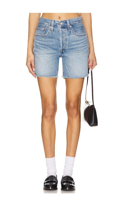 levi's 501 mid thigh low waist short in blue.