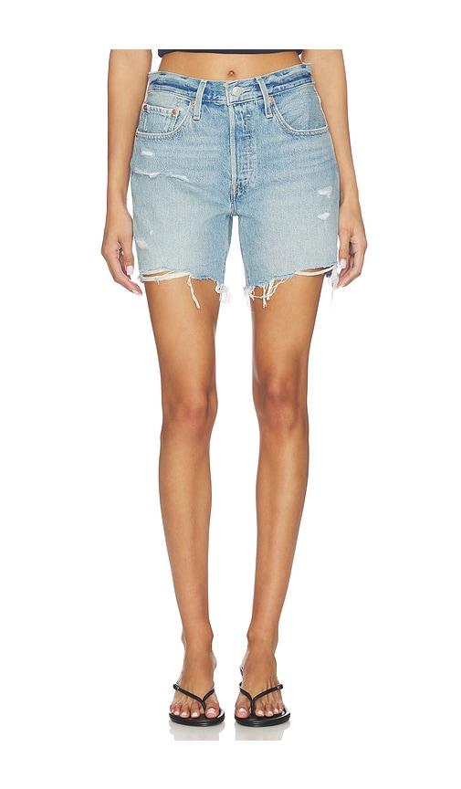 levi's 501 mid thigh short in blue.