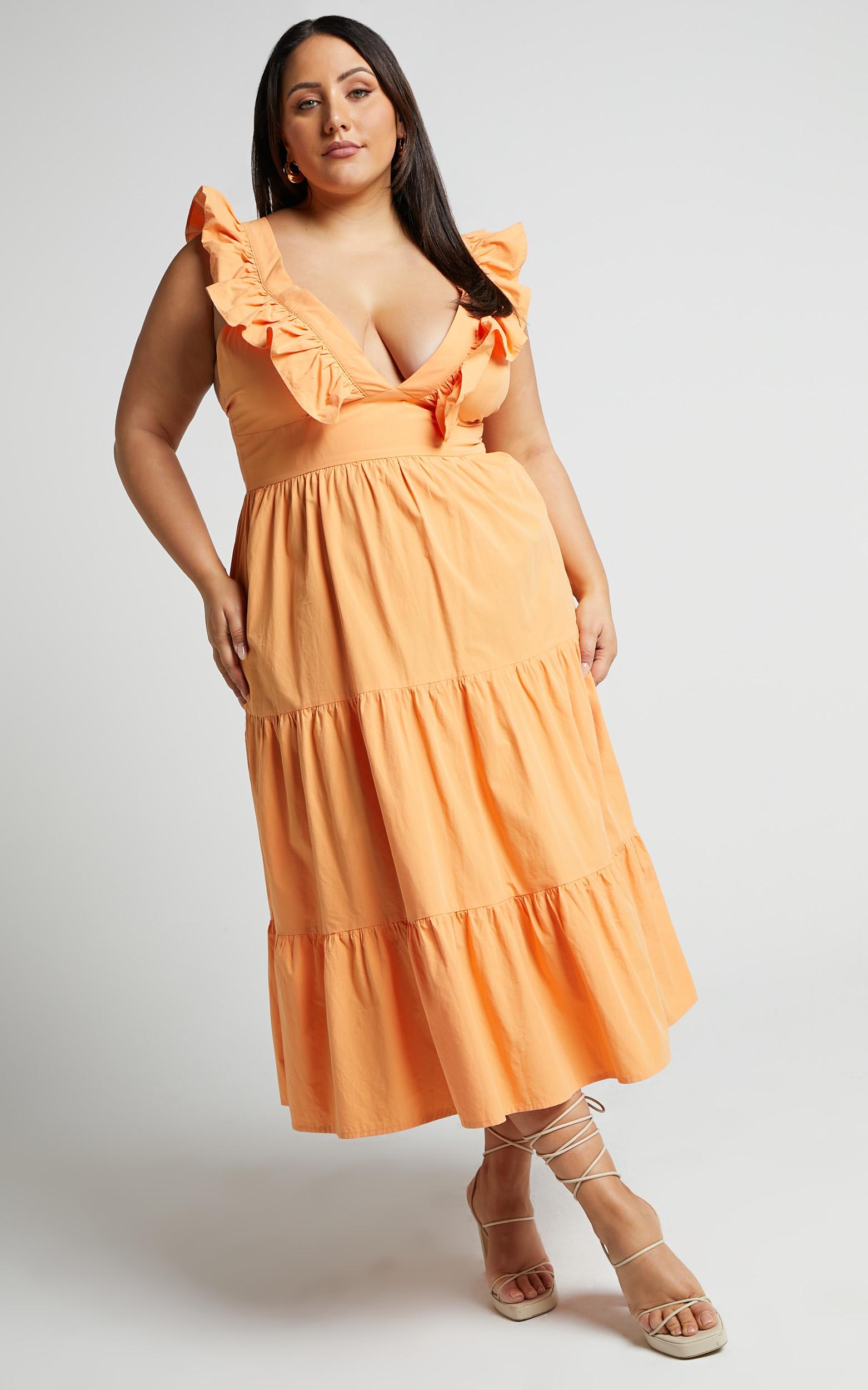 levona midi dress - ruffle shoulder tiered dress in orange