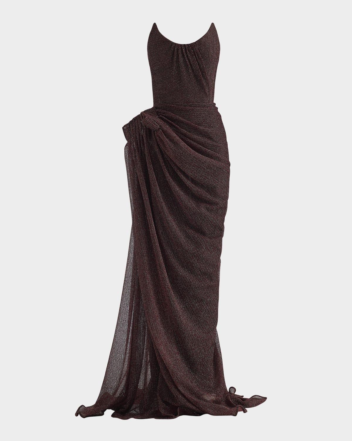 lexicon metallic draped strapless column gown