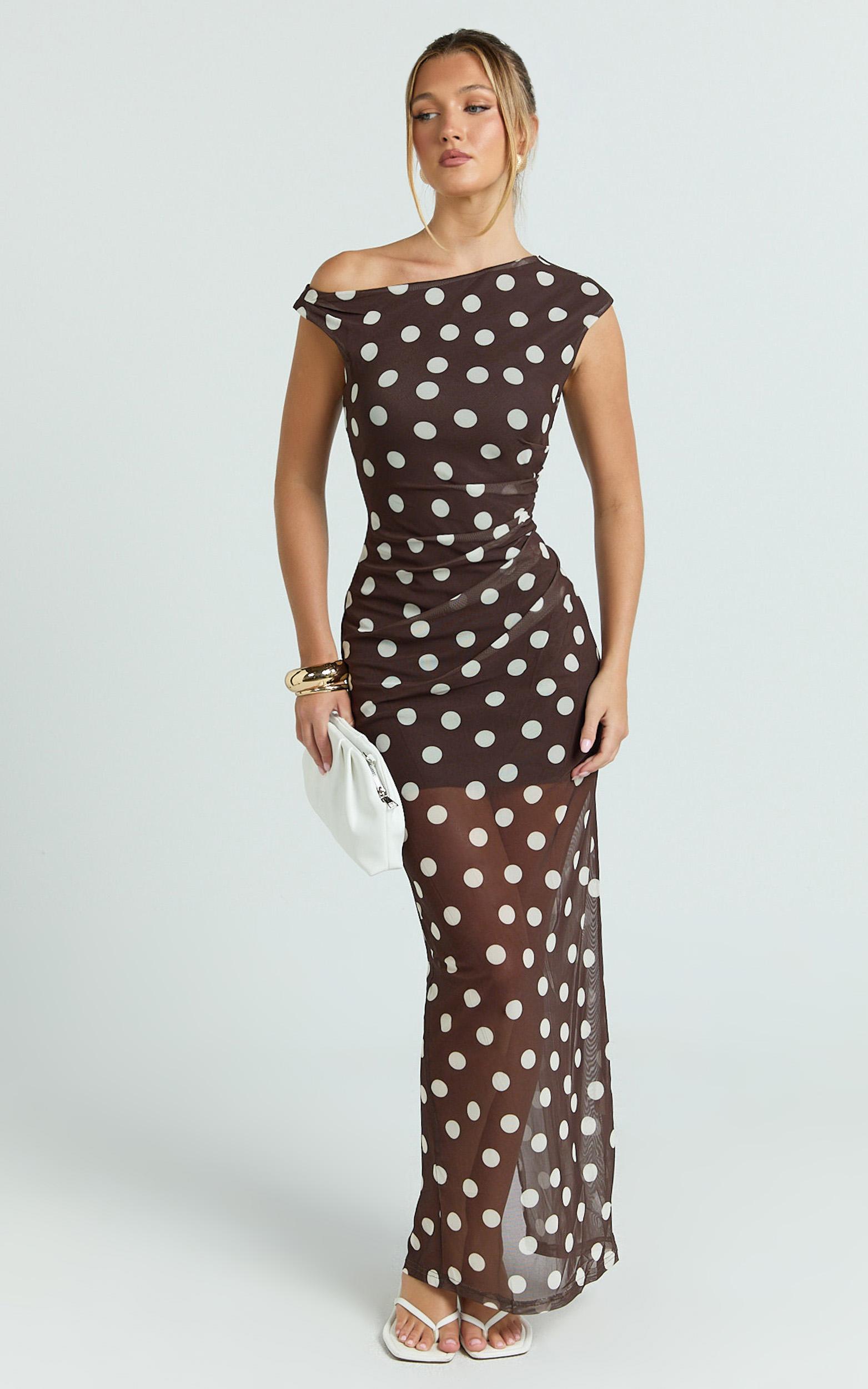 lia maxi dress - off shoulder slip dress in chocolate white spot