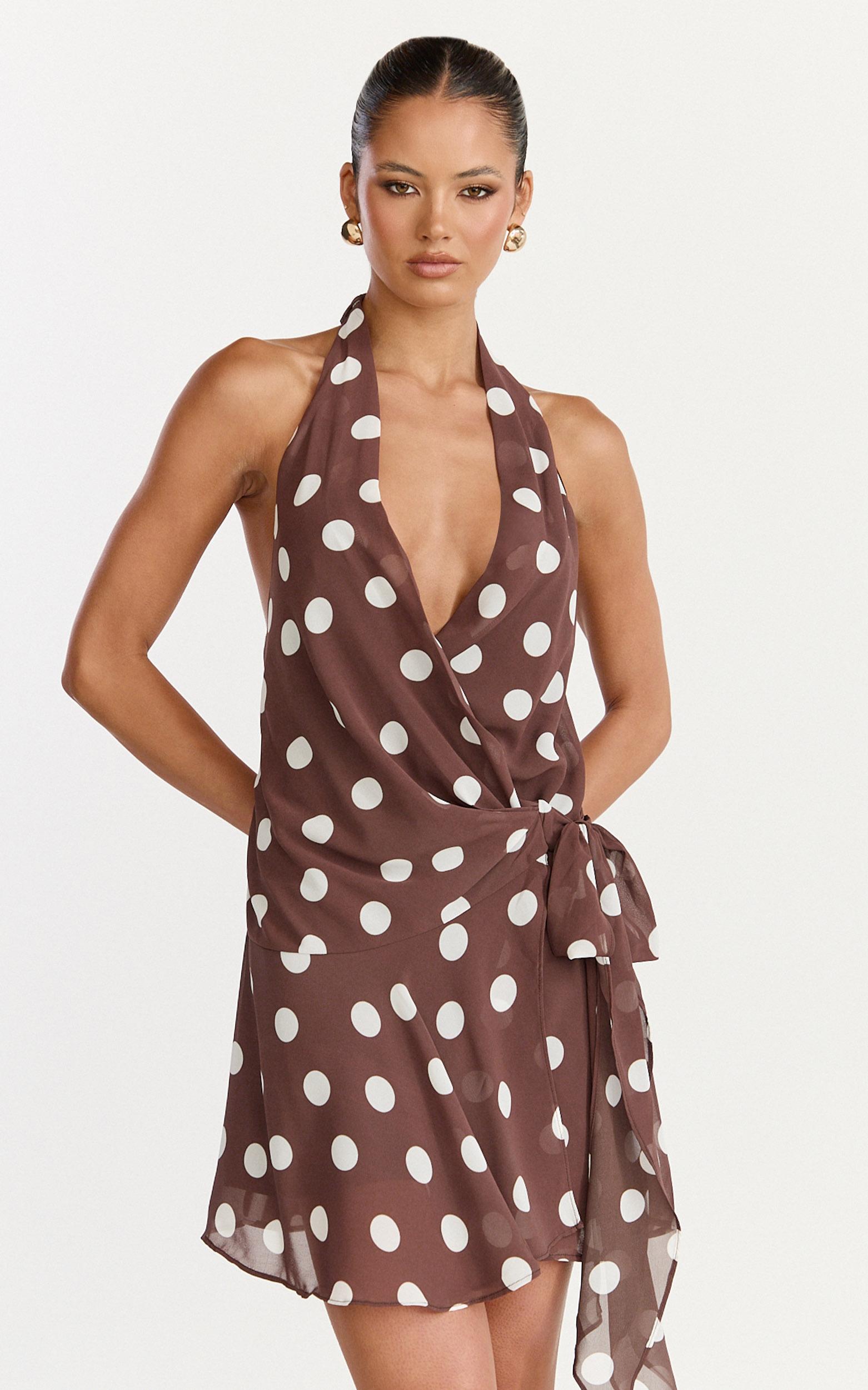 lia mini dress - wrap around dress in choc polka dot