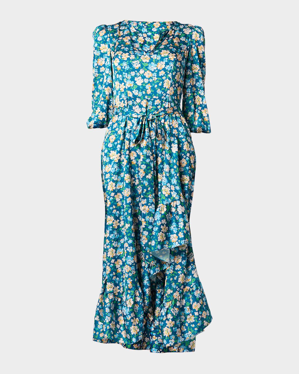 lia ruffle floral-print midi dress