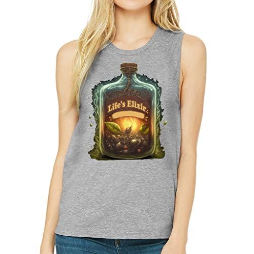 life's elixir print women's muscle tank - bright tank top - beautiful workout tank - athletic heather, 2xl