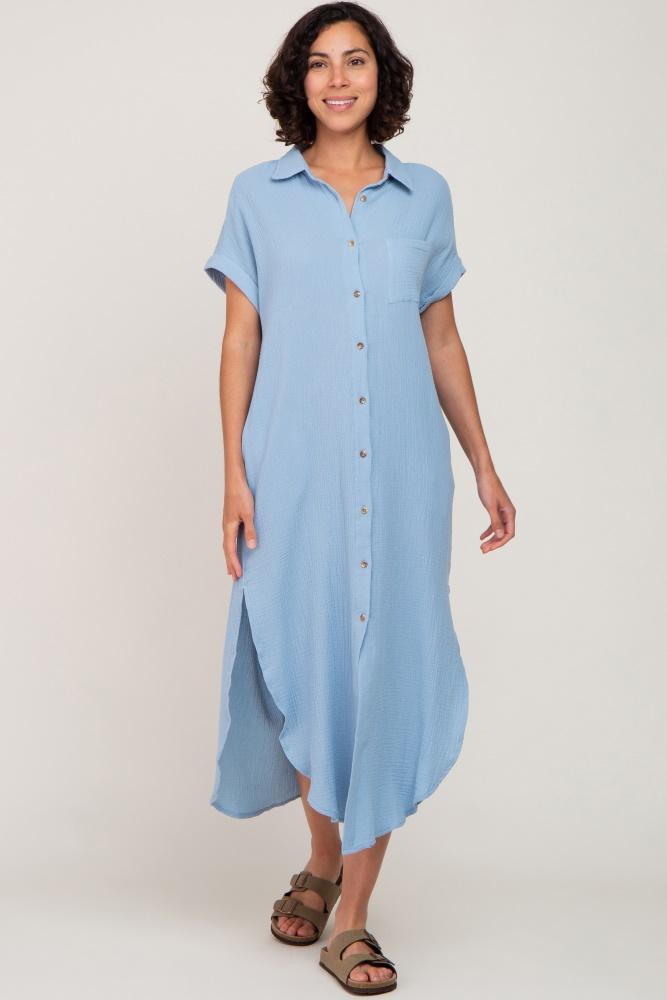 light blue button down midi dress