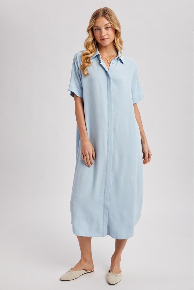 light blue button down midi shirt dress