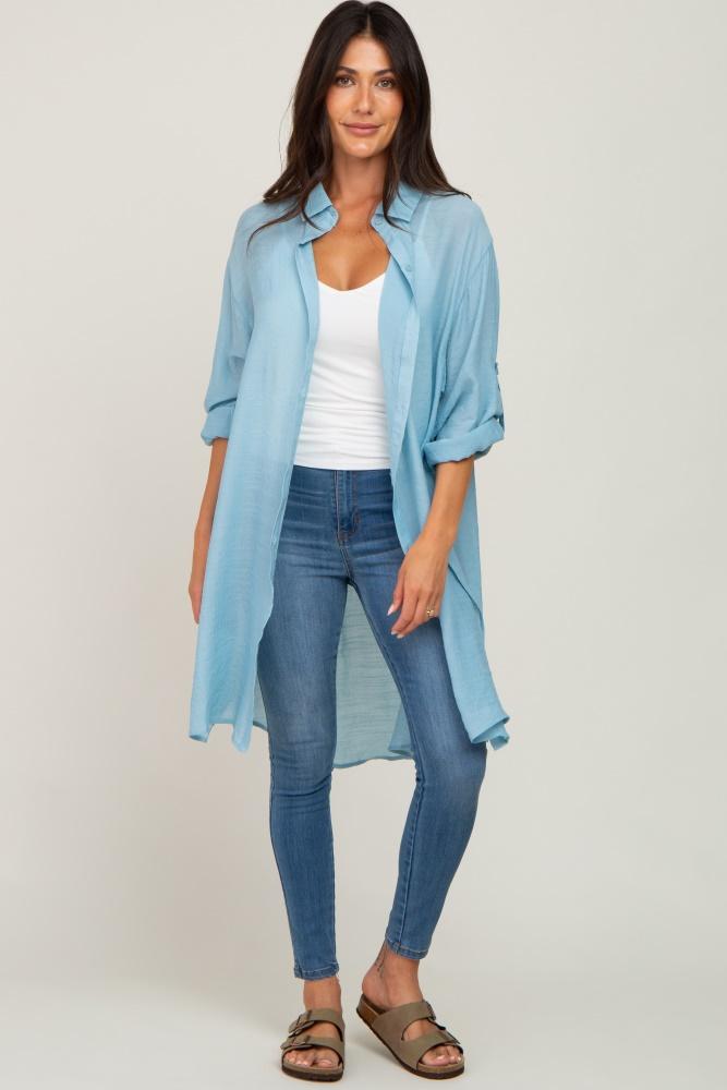 light blue button front side slit oversized blouse