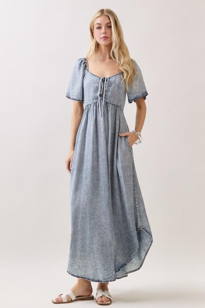 light blue chambray cinched tie bust maxi dress