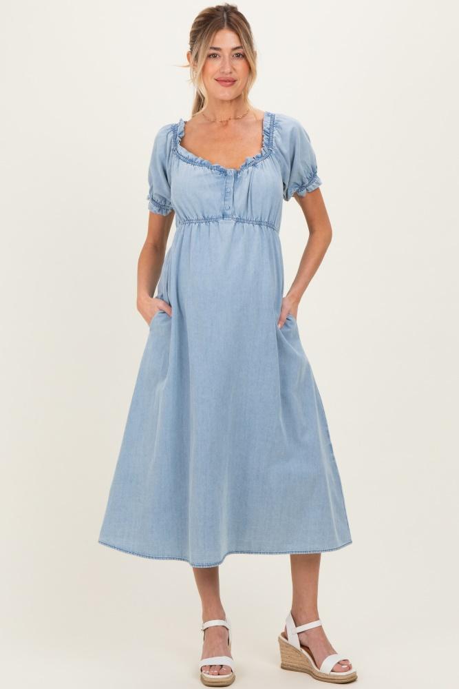 light blue chambray ruffle neckline maternity midi dress