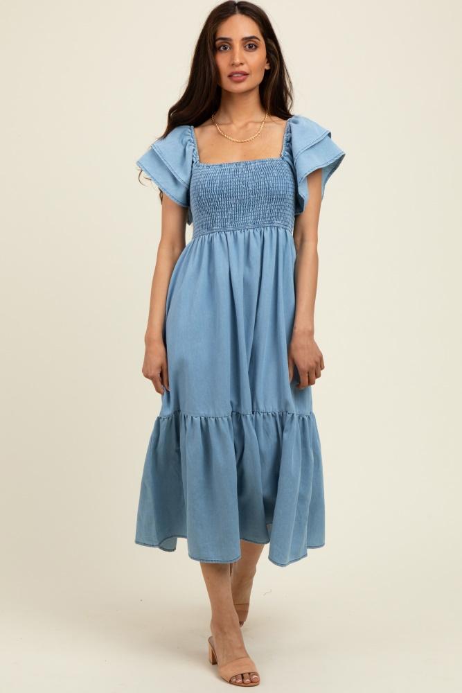 light blue chambray smocked flutter sleeve dress