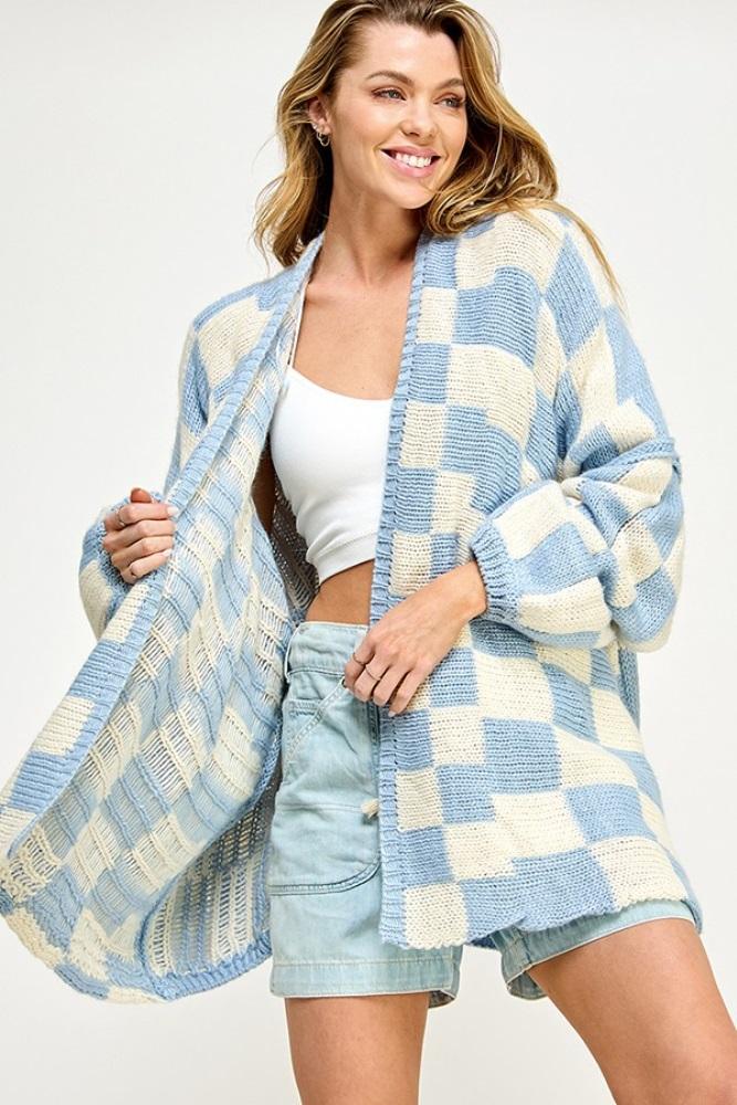 light blue checkered print oversized cardigan