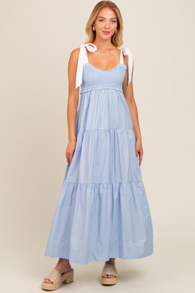 light blue contrast shoulder straps maxi dress