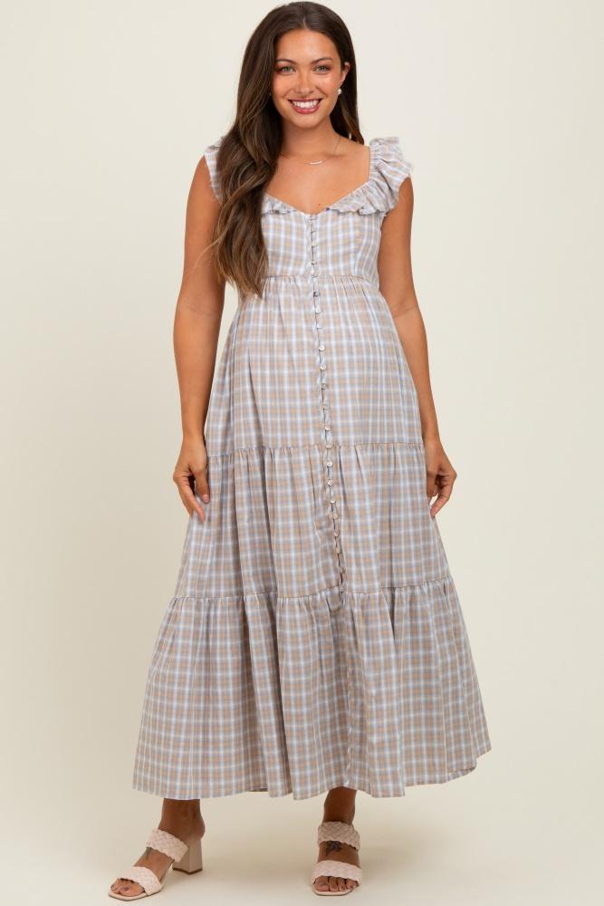 light blue cotton plaid maternity maxi dress