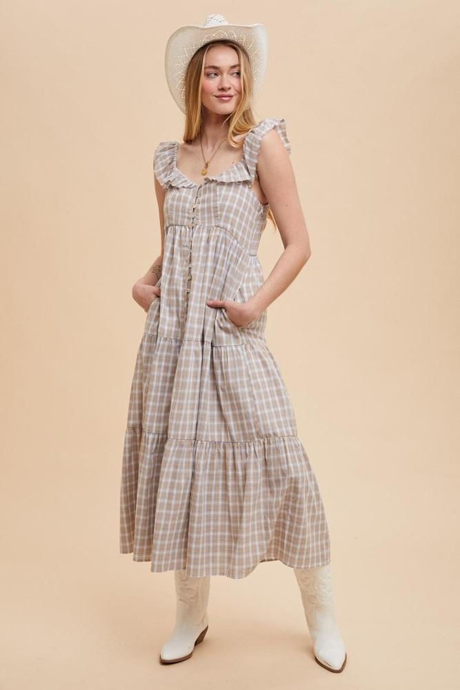light blue cotton plaid maxi dress