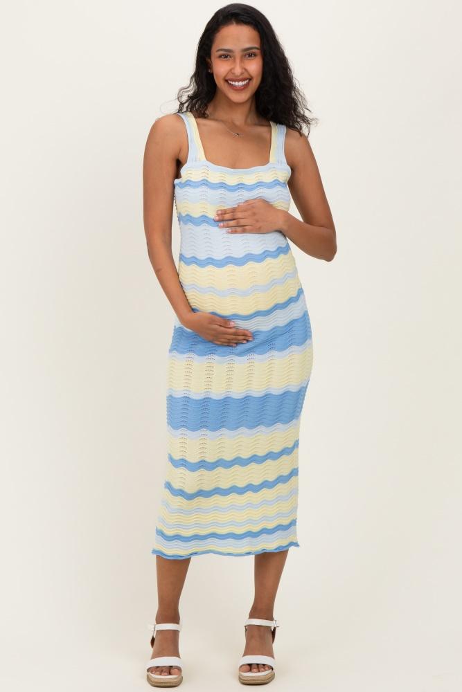 light blue crochet knit striped maternity tank dress