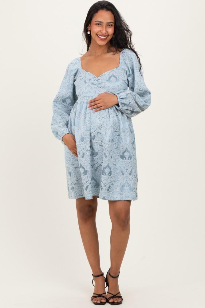light blue damask jacquard long sleeve maternity dress