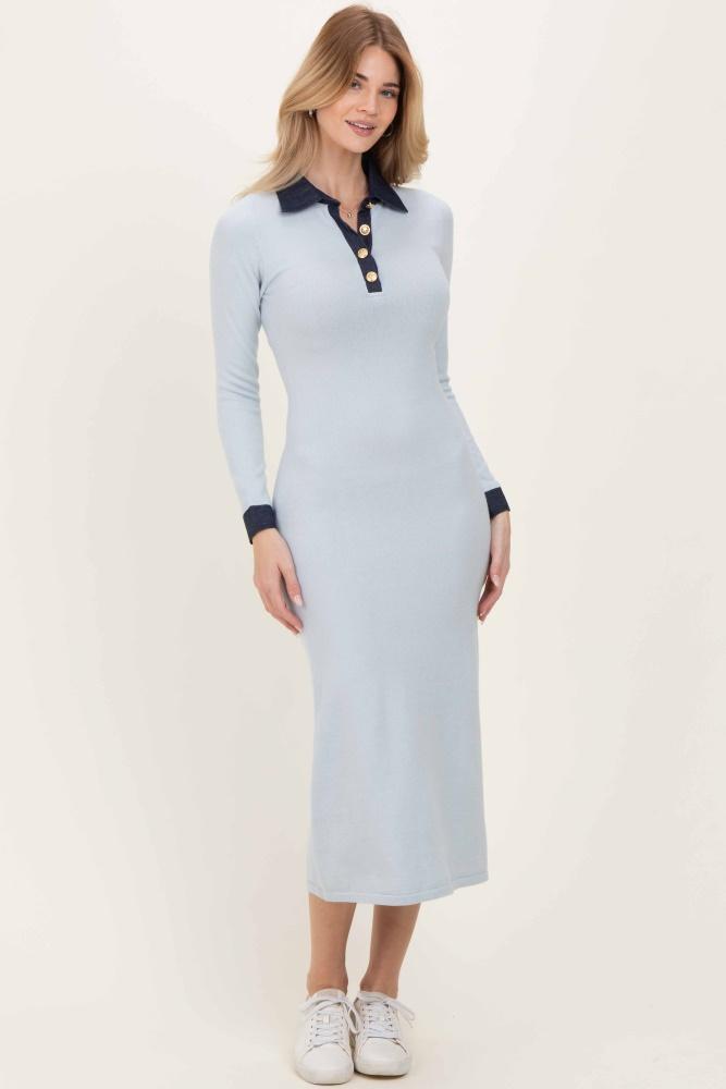 light blue denim trim knit dress