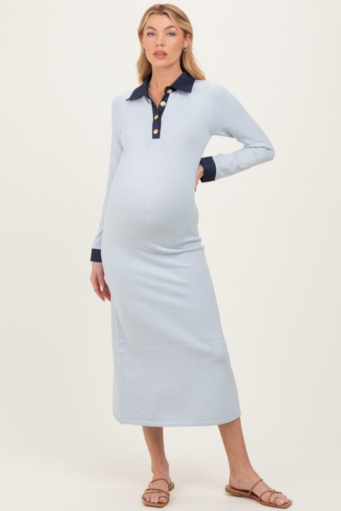 light blue denim trim maternity knit dress