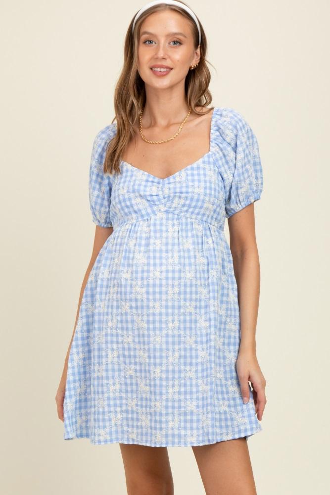 light blue embroidered gingham sweetheart neck maternity mini dress