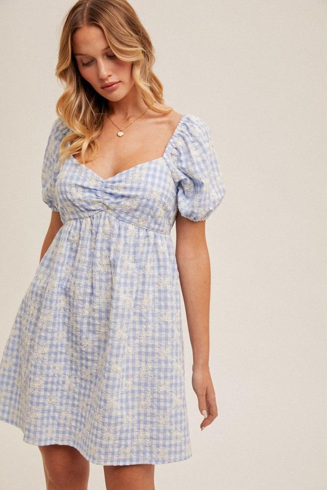 light blue embroidered gingham sweetheart neck mini dress