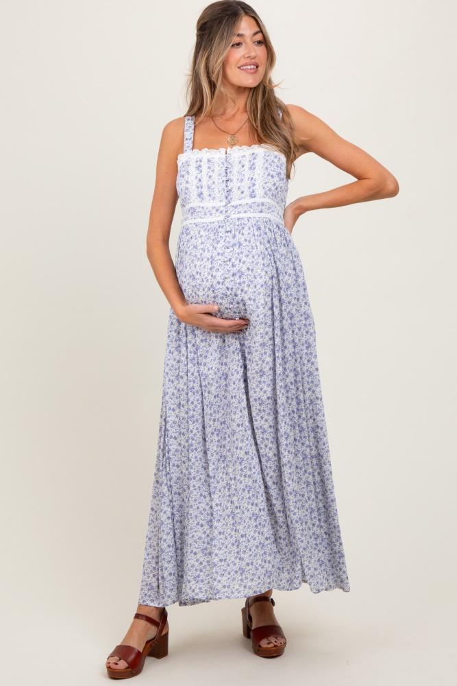 light blue floral button down sleeveless maternity maxi dress