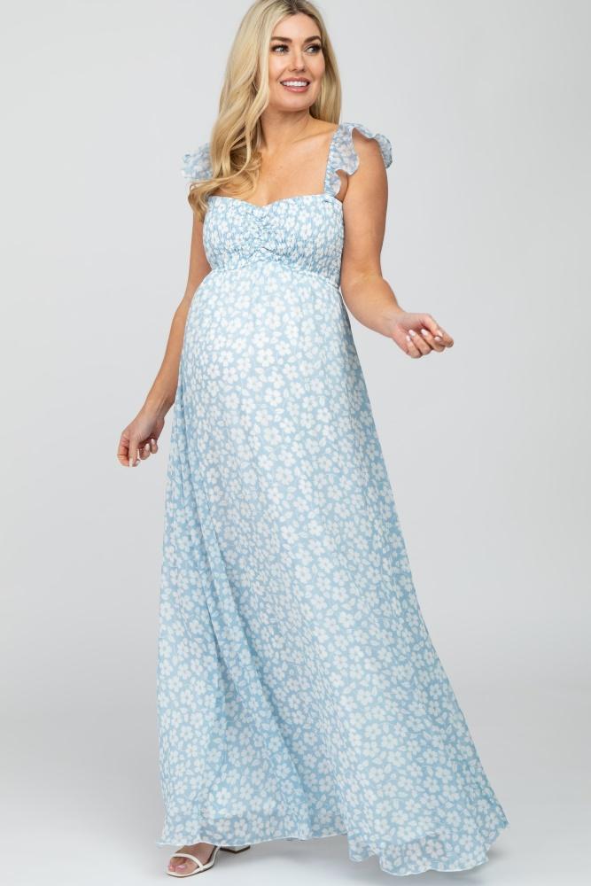 light blue floral chiffon sweetheart neck off shoulder maternity maxi dress