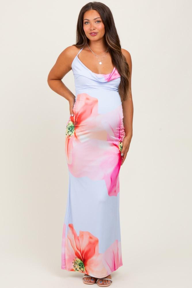 light blue floral draped halter maternity maxi dress